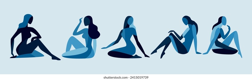 Abstrakte weibliche Silhouetten. Schneiden Sie blaue gesichtslose Frauen in verschiedenen Posen zeitgenössischen Stil. Minimalistische geometrische Kunst, inspiriert von Matisse. Vektorset