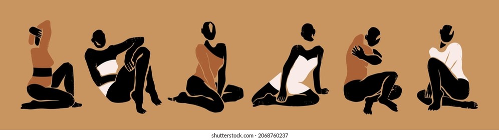 Abstract female silhouettes. Graceful posing faceless ladies. Attractive dressed women. Contemporary style. Hand drawn trendy Vector illustration. Beauty, boho concept. Poster, Print, card templates