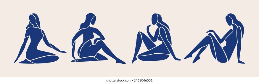 Abstract female silhouettes. Minimalist elegant woman sitting figures cut out style, simple female silhouettes in various poses. Vector set