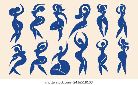 Abstract female silhouettes. Minimalist female figures, trendy dancing women shapes for fashion design and wall art decor. Vector set