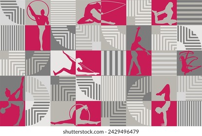 Abstract female sports poster. Geometric mosaic pattern. Stripes, curved lines and silhouettes of women performing artistic gymnastics. Modern wall art design. Gray and fuchsia colors.