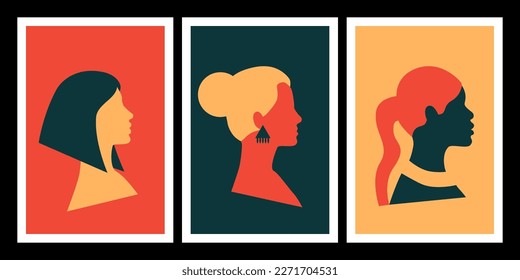 Abstract females faces posters set. Minimal boho style. Diverse women portraits. Head silhouette. Vintage collection. International womens day, allyship. Vector illustration.