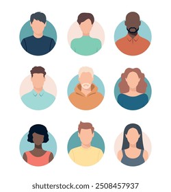 Abstract females and males avatars in round shape. Set of colored women and men abstract portraits or anonymous profiles, face icons. Vector illustration