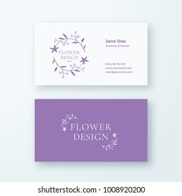 Abstract Feminine Flower Branch Vector Sign or Logo and Business Card Template. Premium Stationary Realistic Mock Up. Modern Typography and Soft Shadows. Good for Flower or Wedding Business. Isolated.