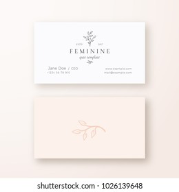 Abstract Feminine Leaf Branch Vector Sign or Logo and Business Card Template. Premium Stationary Realistic Mock Up. Modern Typography and Soft Shadows. Gentle Pastel Colors. Isolated.