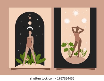 Abstract feminine posters. Boho contemporary wall art banners with beautiful women, arch and plants. Hand drawn interior decoration. Vector flat illustration.