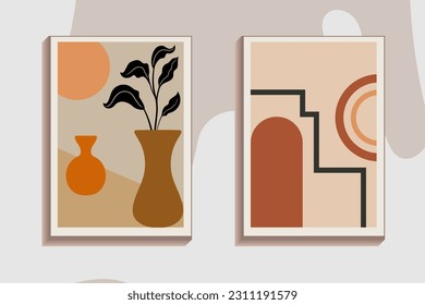 Abstract feminine posters. Boho contemporary wall art banners, hand drawn wallpapers interior decoration. Vector illustration