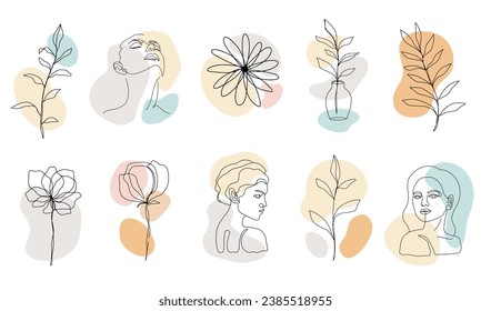 Abstrakte Frauensammlung mit schönen Frauenporträts und Einzelzeichnung der Pflanzen. Female Face Shape Sketch. Elegantes Minimales Style Design. Künstlerische Boho Lady Print isoliert. Mode-Vektorgrafik