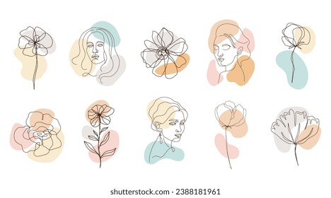 Abstrakte Frauensammlung mit schönen Frauenporträts und Einzelzeichnung der Pflanzen. Female Face Shape Sketch. Elegantes Minimales Style Design. Künstlerische Boho Lady Print isoliert. Mode-Vektorgrafik