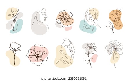 Abstrakte Frauensammlung mit schönen Frauenporträts und Einzelzeichnung der Pflanzen. Female Face Shape Sketch. Elegantes Minimales Style Design. Künstlerische Boho Lady Print isoliert. Mode-Vektorgrafik