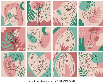 Abstract feminine sketch. Modern hand drawn woman faces, outline fashion girls portraits, minimalist female portraits vector illustration. One line continuous abstract drawing