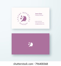 Abstract Feminine Vector Sign or Logo and Business Card Template. Premium Stationary Realistic Mock Up. Modern Typography and Soft Shadows. Good for Flower Boutique, Wedding Business. Isolated.