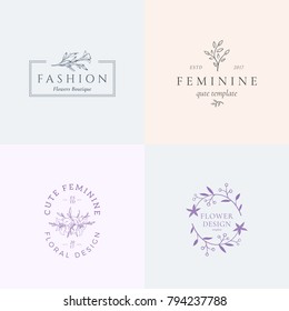 Abstract Feminine Vector Signs or Logo Templates Set. Retro Floral Illustration with Classy Typography. Premium Quality Flower Emblems for Beauty Salon, SPA, Wedding Boutiques, etc. Isolated.