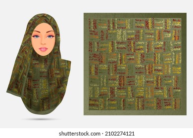 Diseño de hijab de patrón de valla abstracta con modelo de ilustración, textura de tela de cartón