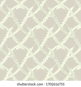 Abstract fern leaves vector seamless pattern background. Forest plant frond diagonal weave style grid backdrop. Hand drawn botanical foliage. All over print for packaging, stationery, wedding concept