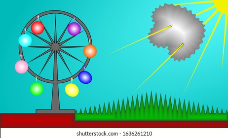 Abstract ferris wheel on the background of the sky with a cloud, the sun with rays and forests.