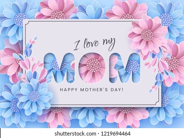 Abstract Festive Background with 3d Flowers, Happy Mother's Day, Women's Day, March 8, Paper Cut, Floral Greeting Card, Trendy Design Template, Vector illustration