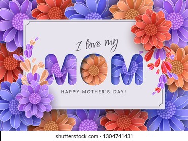 Abstract Festive Background with 3d Flowers, Happy Mothers Day, Womens Day, March 8, Paper Cut, Floral Greeting Card, Trendy Design Template, Vector illustration
