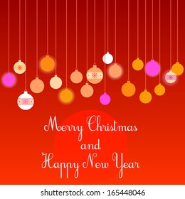 Abstract festive background with Christmas balls hanging on strings