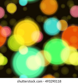 Abstract festive background - computer-generated image. Vector illustration: circles of different colors and sizes in the dark. Colourful bokeh. For cards, banners, posters.