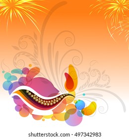 Abstract festive background with creative oil lamp, floral design and firework explosion, Elegant Greeting Card for Indian Festival of Lights, Happy Diwali celebration.