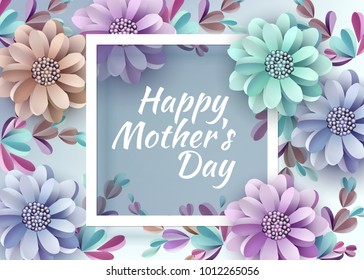 Abstract Festive Background with Flowers and a Rectangular Frame. Happy Mother's Day. Women's Day, March 8. Space for text. Paper cut Floral Greeting Card. Trendy Design Template. Vector illustration