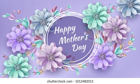 Abstract Festive Background with Flowers and a Rectangular Frame. Happy Mother's Day. Women's Day, March 8. Space for text. Paper cut Floral Greeting Card. Trendy Design Template. Vector illustration