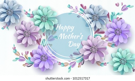 Abstract Festive Background with Flowers and a Rectangular Frame. Happy Mother's Day. Women's Day, March 8. Space for text. Paper cut Floral Greeting Card. Trendy Design Template. Vector illustration