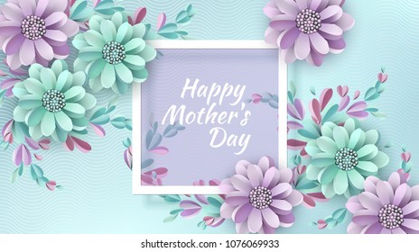 Abstract Festive Background with Flowers and a Rectangular Frame. Happy Mother's Day. Women's Day, March 8. Space for text. Paper cut Floral Greeting Card. Trendy Design Template. Vector illustration