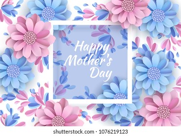 Abstract Festive Background with Flowers and a Rectangular Frame. Happy Mother's Day. Women's Day, March 8. Space for text. Paper cut Floral Greeting Card. Trendy Design Template. Vector illustration