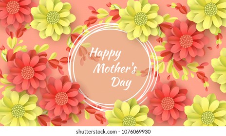 Abstract Festive Background with Flowers and round Frame. Happy Mother's Day. Women's Day, March 8 Paper cut Floral Greeting Card Vector illustration