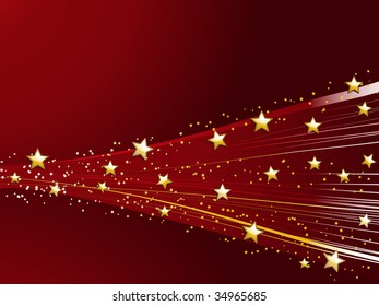 Abstract festive background with gold and red waves and glossy stars