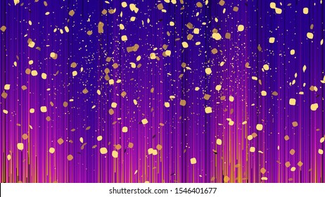 Abstract festive background made of purple stripes, golden confetti flying in the air, festive effect style. Holidays glowing decorative background with space for text, purple, range, pink colors.