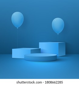 Abstract festive background with podium, geometric shapes and balloons. Vector illustration.