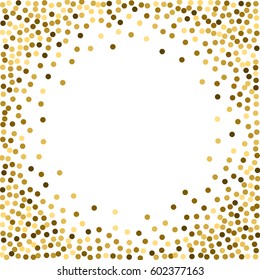 Abstract festive background with round edging of golden confetti. A square pattern with chaotically arranged multi-colored small circles to create posters, flyers for celebrations and sales.