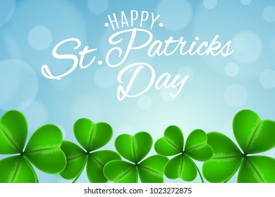 Abstract festive background for Saint Patrick's Day. Clovers of shamrocks on a blue background with glares bokeh. Calligraphic white text. Greeting card. Vector illustration. EPS 10