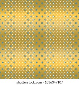 Resumen de fondo festivo con textura de estrellas brillantes blancas y azules sobre fondo dorado. Ornamento vectorial de Navidad sin costura para papel de envoltura de regalo, tela, textiles superficiales y decoraciones navideñas.