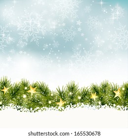 Abstract festive background for winter or Christmas themes with a fir border with golden stars at the bottom and a snowy backdrop at the top.