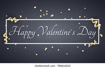 Abstract festive banner for Valentines day. Luxury card for Valentines day. Golden confetti and curl tape. Advertising banner with white frame and text. Vector illustration.