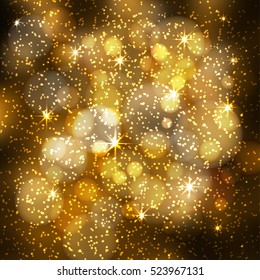 Abstract festive blurred background with sparkling bokeh lights and glittering stars. Modern golden vector illustration.
