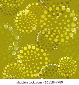 Abstract Festive bright green Vector seamless pattern. Multi-colored flowers from dots on green background. Nature colored template for textile, wallpaper, wrapping, carton, banner.