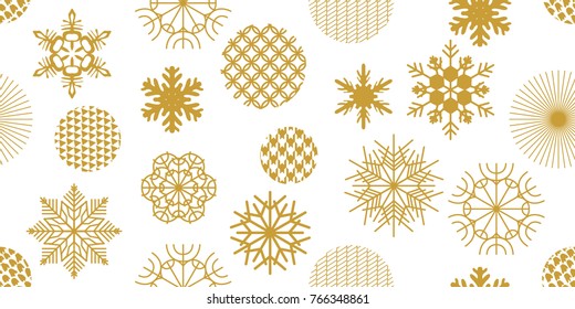 Abstract festive Christmas background. Seamless victor pattern with geometric motifs. Snowflakes, stars and circles with different ornaments. Retro design collection. Golden on white.