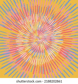 Abstract festive colorful 70s groovy background, Bright spiral rainbow Tie Dye pattern. Crazy boho spiral swirl paint. Graphic vector illustration