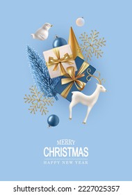 Abstract festive composition with three-dimensional realistic figures of a white flying bird and a Christmas deer. Gold, blue and white objects of the festive composition. Merry Christmas and Happy