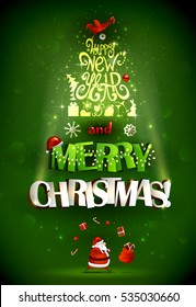 Abstract festive fir tree forming from letters and symbols of holiday. Merry Christmas inscription and Happy New Year! Santa Claus and red cock congratulate with Xmas.