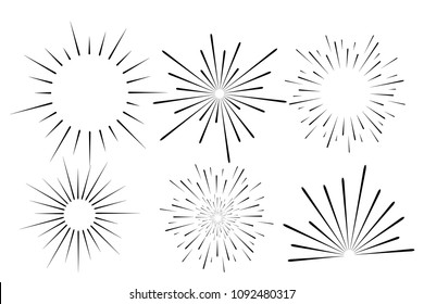 Abstract festive firework shape. Burst light rays. Exploding graphic element. Isolated on white background. Vector illustration