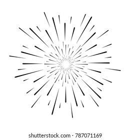 Abstract festive firework shape. Burst light rays. Exploding graphic element. Isolated on white background. Vector illustration