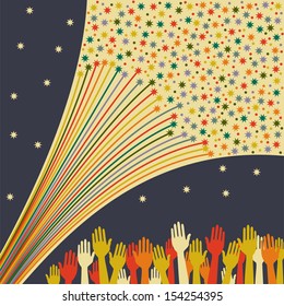 Abstract festive fireworks and hands background. Vector illustration