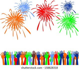 Abstract festive fireworks and hands background. Vector illustration