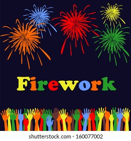 Abstract festive fireworks and hands background. Vector illustration 